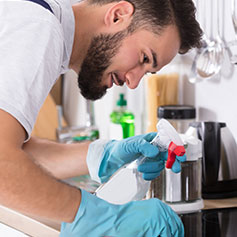 man with spray bottle and sanitary gloves cleaning something